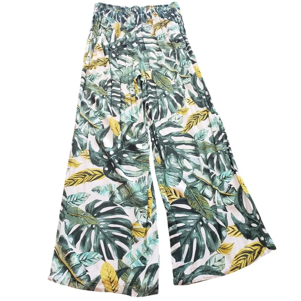 Sunburst Kiss XL Tropical Monstera Leaf Wide Leg Palazzo Pants Green 59775P‎ - Picture 2 of 6